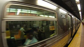 New York, NY, USA. The subway is leaving the station. POV, passenger point of view