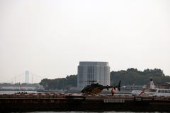 New York, USA - September 2, 2018: helicopter landing pad near the brooklyn bridge stock image New York, USA - September 2, 2018: helicopter landing pad near the brooklyn bridge stock image
