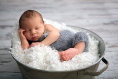 Newborn Baby Boy, Sleeping Peacefully In Basket, Dressed In Knit Stock Photography Newborn Baby Boy, Sleeping Peacefully In Basket, Dressed In Knit Stock Photography
