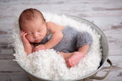 Newborn Baby Boy, Sleeping Peacefully In Basket, Dressed In Knit Stock Photo Newborn Baby Boy, Sleeping Peacefully In Basket, Dressed In Knit Stock Photo