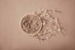 Newborn neutral spring background - round white bowl with white flowers and branches wreath on light beige backdrop