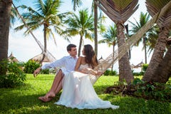 Newly married couple after wedding in luxury resort. Romantic bride and groom.