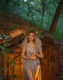 Nice young girl with blond hair with an amazing lush wreath on her head in the forest is shaking herbs. atmospheric royalty free stock photo Nice young girl with blond hair with an amazing lush wreath on her head in the forest is shaking herbs. atmospheric royalty free stock photo