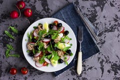 Nicoise Salad With Tuna, Egg, Cherry Tomatoes And Black Olives Royalty Free Stock Photos Nicoise Salad With Tuna, Egg, Cherry Tomatoes And Black Olives Royalty Free Stock Photos