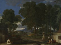 Nicolas Poussin - paisagem com um homem que lava seus pés em uma fonte fotografia de stock royalty free Nicolas Poussin - paisagem com um homem que lava seus pés em uma fonte fotografia de stock royalty free