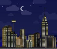 Night cityscape. Flat skyscraper modern buildings city office center, apartment house hotel residential block exterior stock illustration Night cityscape. Flat skyscraper modern buildings city office center, apartment house hotel residential block exterior stock illustration