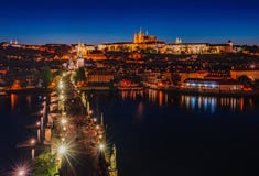 Night scene of Prague Castle and Charles Bridge