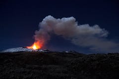 Night view of the ash plume of Mt. Etna