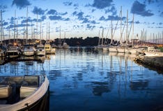 Night view of beautiful town Rovinj in Istria, Croatia. Evening in old Croatian city, night scene with water reflections royalty free stock photos Night view of beautiful town Rovinj in Istria, Croatia. Evening in old Croatian city, night scene with water reflections royalty free stock photos