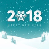 Night winter scene landscape background with snowy field and fir trees. Happy New Year 2018 numbers with snowflake. Night winter scene landscape background with stock illustration Night winter scene landscape background with snowy field and fir trees. Happy New Year 2018 numbers with snowflake. Night winter scene landscape background with stock illustration