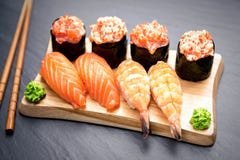 Nigiri and Gunkan Sushi Traditional Japanese Food stock photos Nigiri and Gunkan Sushi Traditional Japanese Food stock photos