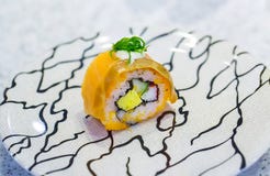 Nigiri or sushi rolls on plate. Delicious japanese sushi rolls with salmon Royalty Free Stock Photography Nigiri or sushi rolls on plate. Delicious japanese sushi rolls with salmon Royalty Free Stock Photography