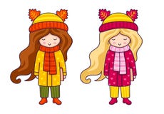 Niñas lindas en capa y sombreros del otoño con los oídos de animales stock de ilustración Niñas lindas en capa y sombreros del otoño con los oídos de animales stock de ilustración