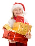 Niño de la feliz Navidad con los regalos en los rectángulos Fotografía de archivo Niño de la feliz Navidad con los regalos en los rectángulos Fotografía de archivo