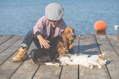 Niño pequeño que juega con su perro y gato por el río imagenes de archivo Niño pequeño que juega con su perro y gato por el río imagenes de archivo