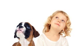 Niño rubio divertido y su perro que miran para arriba fotos de archivo Niño rubio divertido y su perro que miran para arriba fotos de archivo