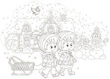 Niños con un trineo en un día de invierno nevoso libre illustration Niños con un trineo en un día de invierno nevoso libre illustration