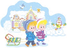 Niños con un trineo en un día de invierno nevoso stock de ilustración Niños con un trineo en un día de invierno nevoso stock de ilustración