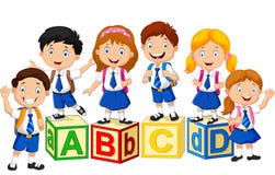 Niños felices de la escuela con el bloque del alfabeto ilustración del vector Niños felices de la escuela con el bloque del alfabeto ilustración del vector