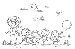 Niños y su profesor Outdoors, esquema de la historieta libre illustration Niños y su profesor Outdoors, esquema de la historieta libre illustration