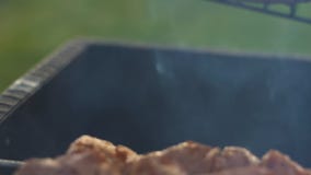 No espeto grelhado no espeto do metal O cozinheiro chefe entrega o cozimento do assado roasted da carne com lotes do fumo Costele filme No espeto grelhado no espeto do metal O cozinheiro chefe entrega o cozimento do assado roasted da carne com lotes do fumo Costele filme