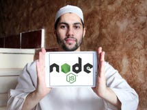 Node.js logo. Logo of Node.js on samsung tablet holded by arab muslim man. Node.js is an open-source, cross-platform JavaScript run-time environment for royalty free stock photo