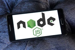 Node.js logo. Logo of Node.js on samsung mobile. Node.js is an open-source, cross-platform JavaScript run-time environment for executing JavaScript code server stock photography