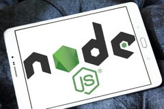 Node.js logo. Logo of Node.js on samsung tablet . Node.js is an open-source, cross-platform JavaScript run-time environment for executing JavaScript code server royalty free stock image