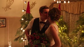Noivo e noiva que trocam as alianças de casamento na cerimônia do weddin do acoplamento com as festões do bulbo e a decoração do video estoque Noivo e noiva que trocam as alianças de casamento na cerimônia do weddin do acoplamento com as festões do bulbo e a decoração do video estoque
