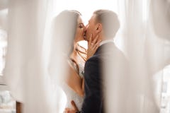 Noivo viril e noiva bonita que beijam contra o fundo branco Foto de Stock Noivo viril e noiva bonita que beijam contra o fundo branco Foto de Stock