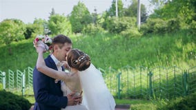 Noivos em um parque em seu dia do casamento vídeos de arquivo Noivos em um parque em seu dia do casamento vídeos de arquivo