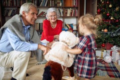 Nonni e bambina che giocano insieme per il Natale fotografie stock Nonni e bambina che giocano insieme per il Natale fotografie stock