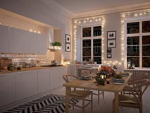 Nordische Küche in einer Wohnung Wiedergabe 3d Blätter u lizenzfreies stockbild Nordische Küche in einer Wohnung Wiedergabe 3d Blätter u lizenzfreies stockbild