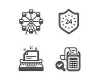 Noria, 24 horas e iconos de la m?quina de escribir Muestra de la contabilidad de Bill Parque de la atracci?n, protecci?n, instruc libre illustration Noria, 24 horas e iconos de la m?quina de escribir Muestra de la contabilidad de Bill Parque de la atracci?n, protecci?n, instruc libre illustration