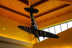 Normandy, France; 4 June 2014: Model of spitfire aircraft of the Second World War. view from below stock photos Normandy, France; 4 June 2014: Model of spitfire aircraft of the Second World War. view from below stock photos