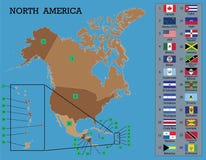 Norr - amerikanska översikt och flaggor stock illustrationer Norr - amerikanska översikt och flaggor stock illustrationer