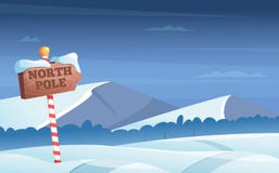 North pole road sign. Snowy background with snow trees night woods wonderland winter holidays vector cartoon stock illustration North pole road sign. Snowy background with snow trees night woods wonderland winter holidays vector cartoon stock illustration