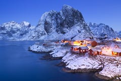 Norwegian fisherman's cabins on the Lofoten in winter