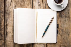Notebook With Fountain Pen And Cup Of Espresso Stock Photos