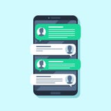 Notificações móveis dos sms Mensagem texting no smartphone, conversa da mão dos povos Ilustração lisa do vetor da conversão ilustração royalty free Notificações móveis dos sms Mensagem texting no smartphone, conversa da mão dos povos Ilustração lisa do vetor da conversão ilustração royalty free