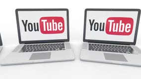 Notizbücher mit YouTube-Logo auf dem Schirm Klipp des Computertechnologiebegriffsleitartikels 4K, nahtlose Schleife vektor abbildung Notizbücher mit YouTube-Logo auf dem Schirm Klipp des Computertechnologiebegriffsleitartikels 4K, nahtlose Schleife vektor abbildung