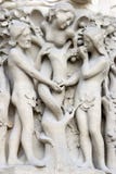 Notre dame cathedral main entrance, detailed view of Adam and Eve scene