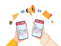 Notícia de WebReading no conceito do dispositivo móvel Vetor de um smartphone da terra arrendada da mão com Web site da notícia ilustração stock Notícia de WebReading no conceito do dispositivo móvel Vetor de um smartphone da terra arrendada da mão com Web site da notícia ilustração stock