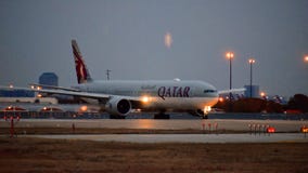 Qatar Airlines Boeing 777 airplane one the taxi way. stock image Qatar Airlines Boeing 777 airplane one the taxi way. stock image