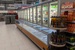 Novosibirsk, Russia - 08.12.2018: Grocery store showcases with r stock images Novosibirsk, Russia - 08.12.2018: Grocery store showcases with r stock images