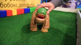 NOVOSIBIRSK, RUSSIE - 21 FÉVRIER 2018 : Caresse masculine de main un dinosaure de jouet de robot NOVOSIBIRSK, RUSSIE - 21 FÉVRIER 2018 : Caresse masculine de main un dinosaure de jouet de robot