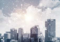 Nowożytna miasta i socjalny sieć jako pojęcie dla globalnego networking ilustracji Nowożytna miasta i socjalny sieć jako pojęcie dla globalnego networking ilustracji