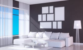 Nowożytny jaskrawy wnętrze z pustą ramą 3D odpłaca się 3D ilustracyjny pokój, scandinavian, kanapa, przestrzeń, w górę, ściana, b Royalty Ilustracja Nowożytny jaskrawy wnętrze z pustą ramą 3D odpłaca się 3D ilustracyjny pokój, scandinavian, kanapa, przestrzeń, w górę, ściana, b Royalty Ilustracja