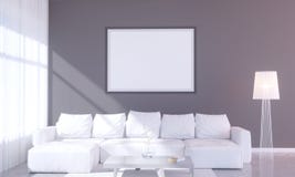 Nowożytny jaskrawy wnętrze z pustą ramą 3D odpłaca się 3D ilustracyjny pokój, scandinavian, kanapa, przestrzeń, w górę, ściana, b Ilustracji Nowożytny jaskrawy wnętrze z pustą ramą 3D odpłaca się 3D ilustracyjny pokój, scandinavian, kanapa, przestrzeń, w górę, ściana, b Ilustracji