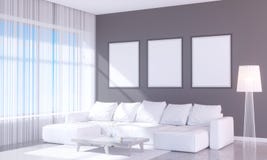 Nowożytny jaskrawy wnętrze z pustą ramą 3D odpłaca się 3D ilustracyjny pokój, scandinavian, kanapa, przestrzeń, w górę, ściana, b Ilustracja Wektor Nowożytny jaskrawy wnętrze z pustą ramą 3D odpłaca się 3D ilustracyjny pokój, scandinavian, kanapa, przestrzeń, w górę, ściana, b Ilustracja Wektor